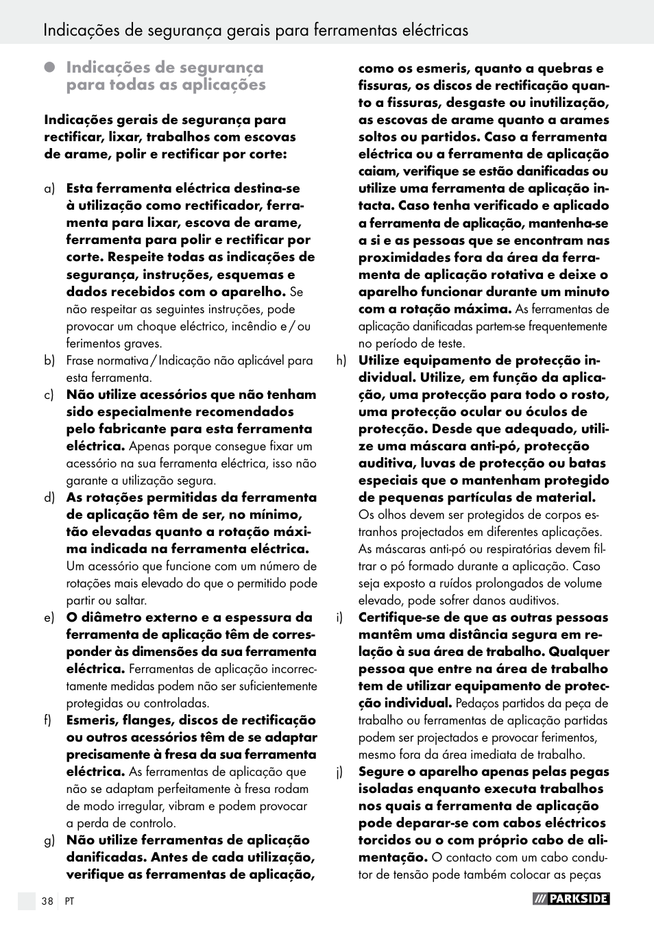 Indicações de segurança para todas as aplicações | Parkside PFBS 9.6 A1 User Manual | Page 38 / 74