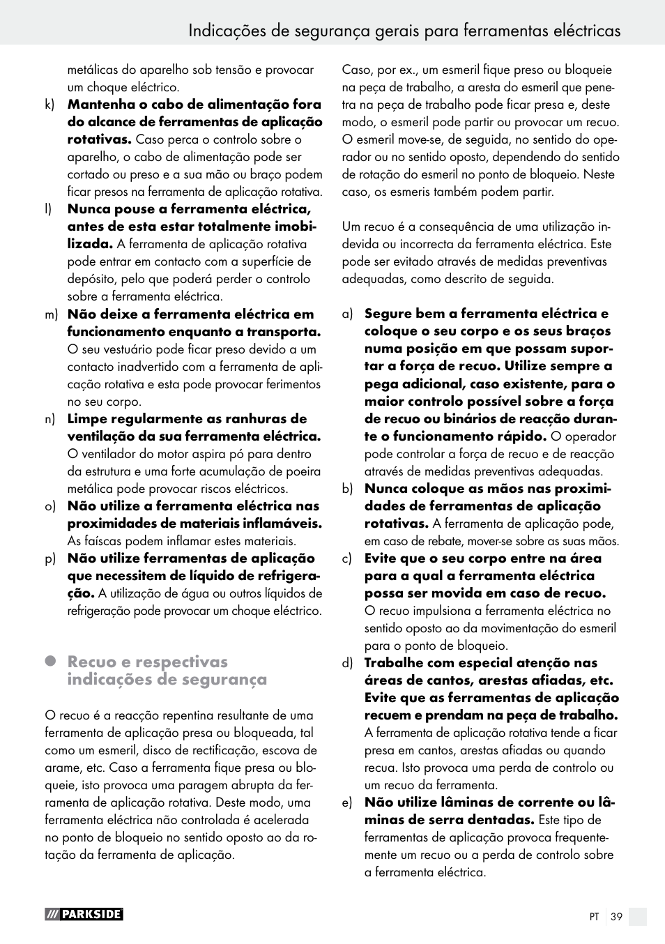 Recuo e respectivas indicações de segurança | Parkside PFBS 9.6 A1 User Manual | Page 39 / 74
