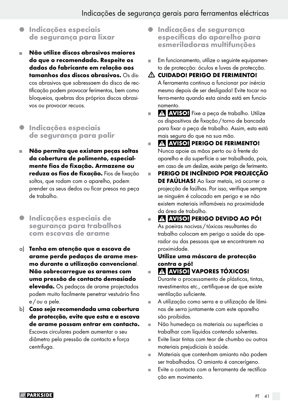 Indicações especiais de segurança para lixar, Indicações especiais de segurança para polir | Parkside PFBS 9.6 A1 User Manual | Page 41 / 74