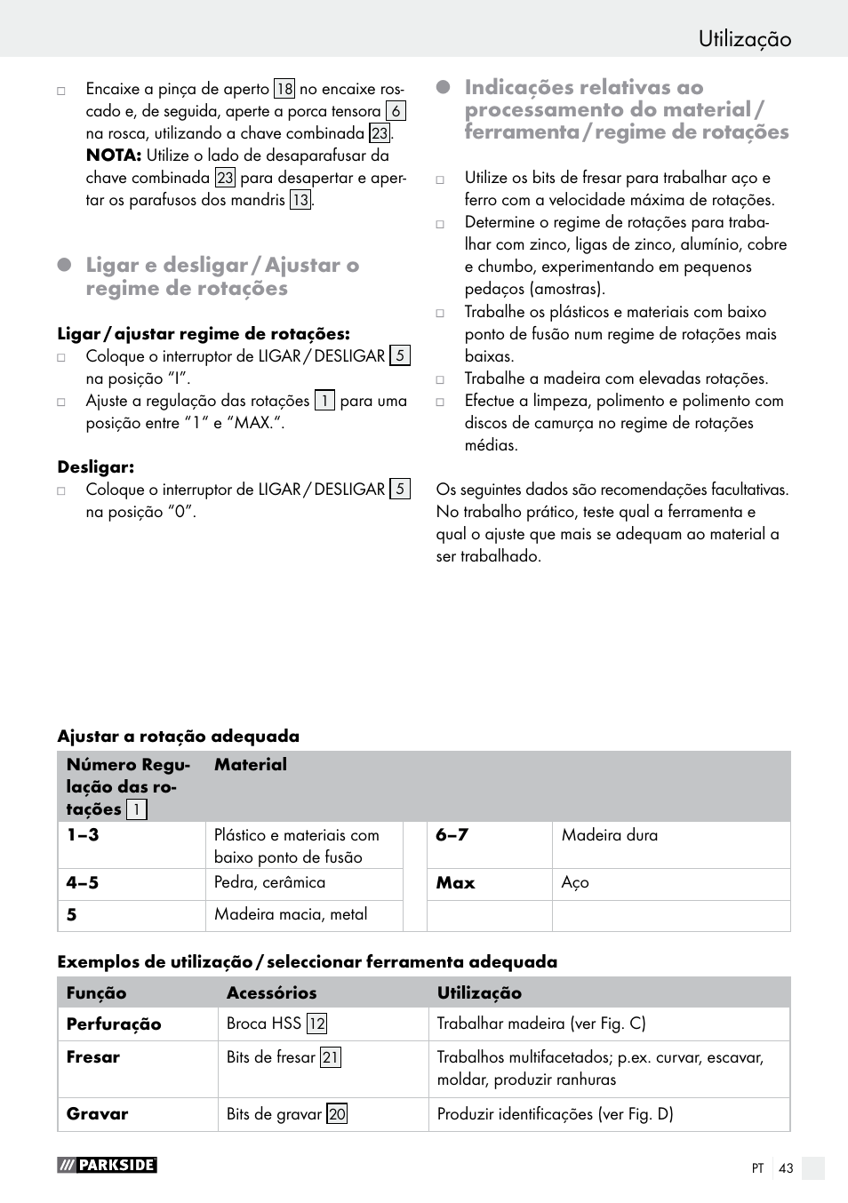 Ligar e desligar / ajustar o regime de rotações | Parkside PFBS 9.6 A1 User Manual | Page 43 / 74