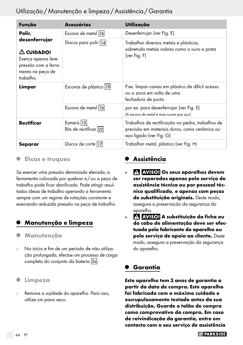 Dicas e truques, Manutenção e limpeza, Manutenção | Limpeza, Assistência, Garantia | Parkside PFBS 9.6 A1 User Manual | Page 44 / 74