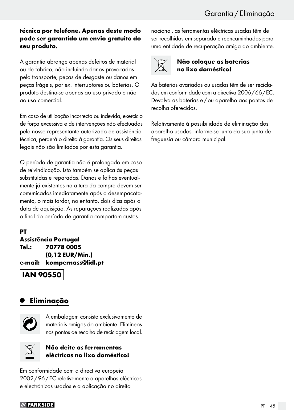 Eliminação | Parkside PFBS 9.6 A1 User Manual | Page 45 / 74