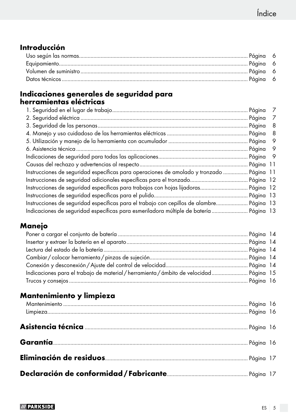 Índice | Parkside PFBS 9.6 A1 User Manual | Page 5 / 74