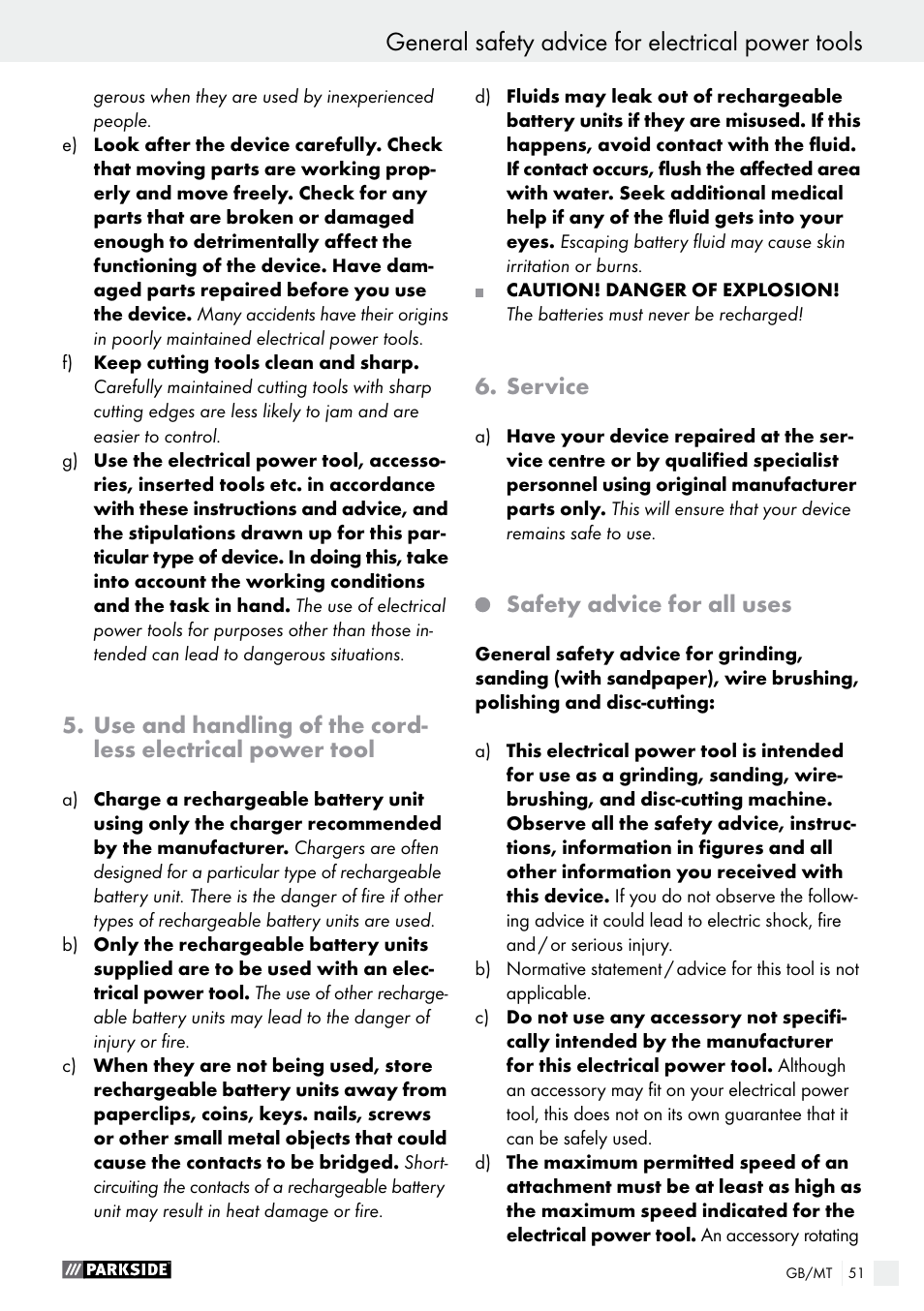 General safety advice for electrical power tools, Service, Safety advice for all uses | Parkside PFBS 9.6 A1 User Manual | Page 51 / 74