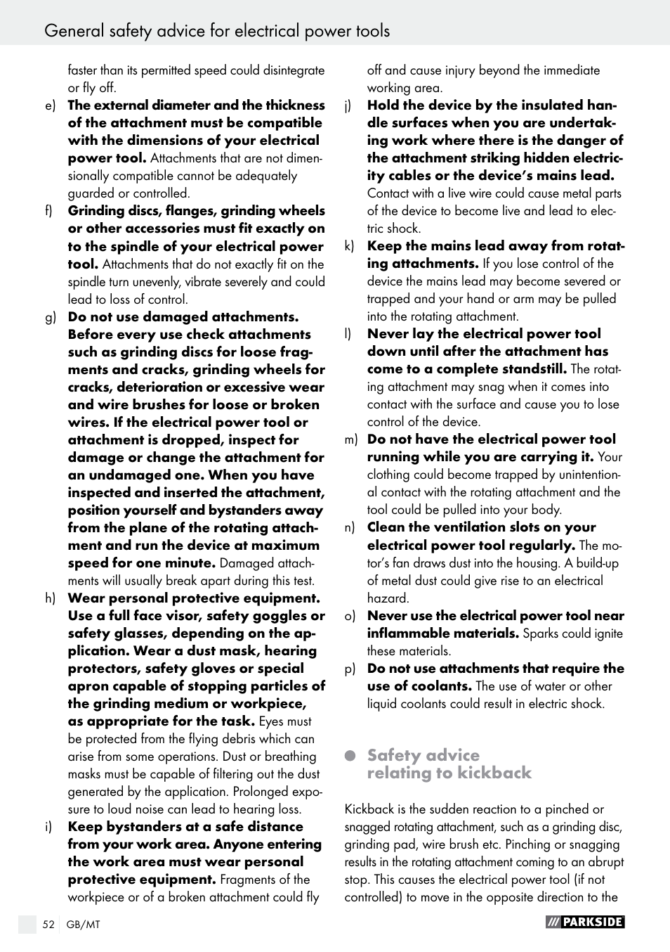 General safety advice for electrical power tools, Safety advice relating to kickback | Parkside PFBS 9.6 A1 User Manual | Page 52 / 74