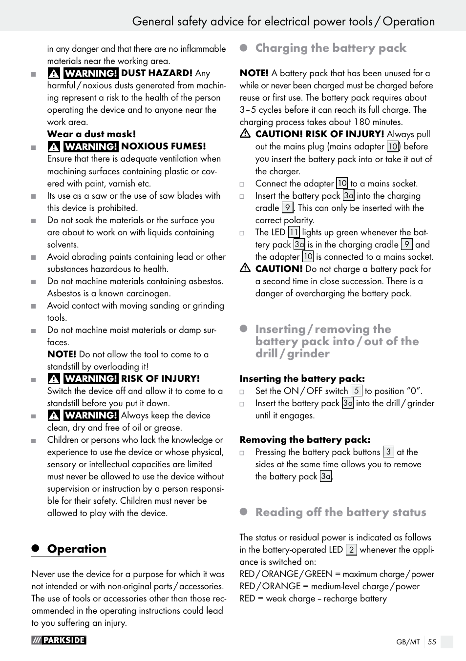 Operation, Charging the battery pack, Reading off the battery status | Parkside PFBS 9.6 A1 User Manual | Page 55 / 74