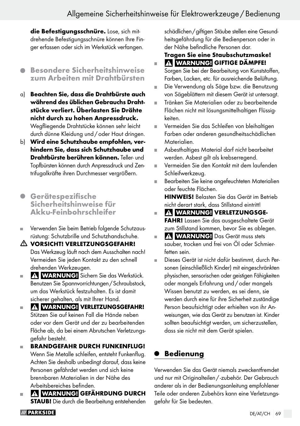 Bedienung | Parkside PFBS 9.6 A1 User Manual | Page 69 / 74