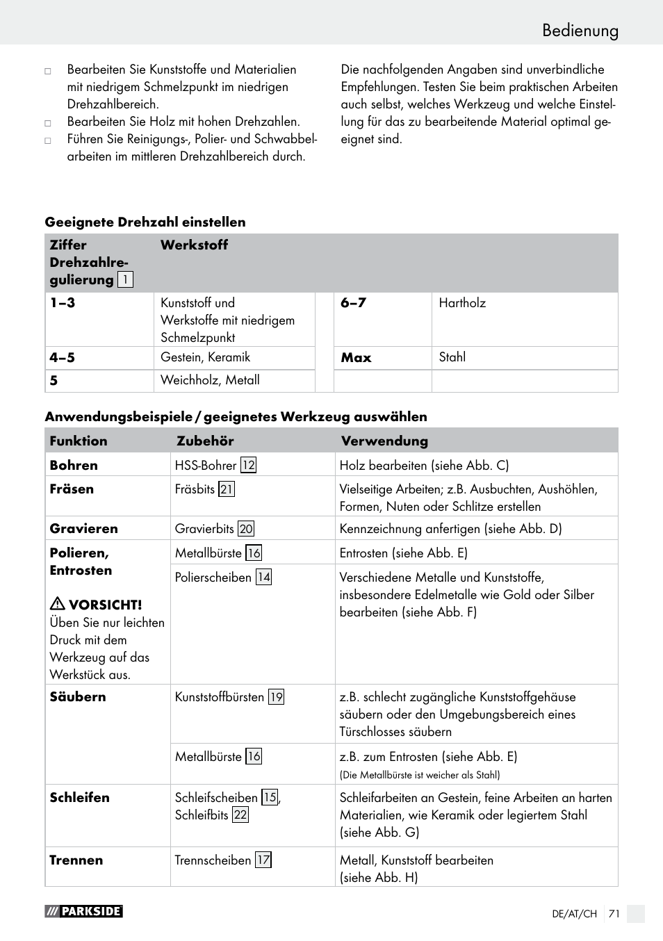 Bedienung | Parkside PFBS 9.6 A1 User Manual | Page 71 / 74