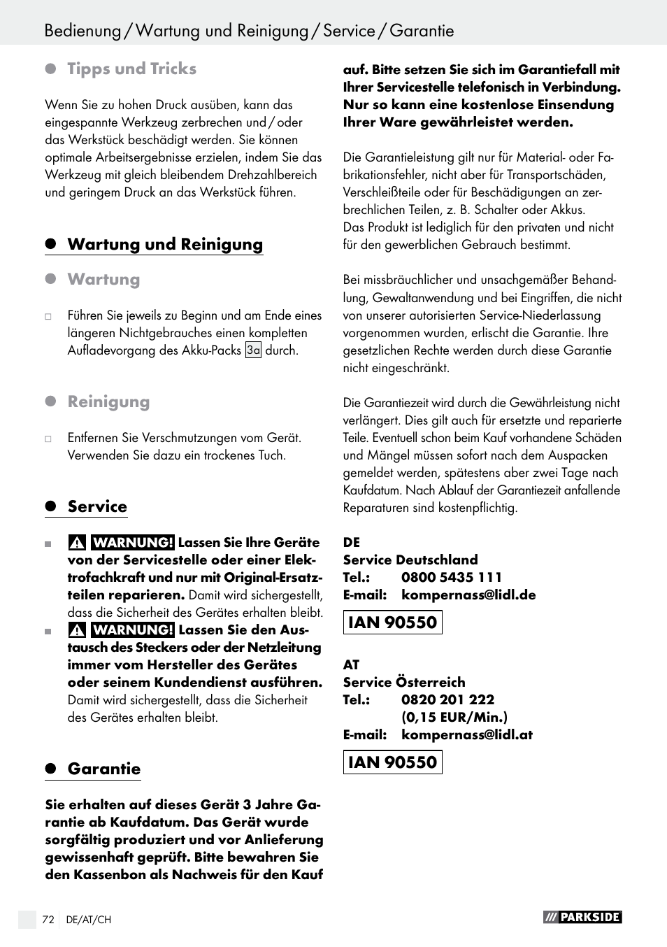 Tipps und tricks, Wartung und reinigung, Wartung | Reinigung, Service, Garantie | Parkside PFBS 9.6 A1 User Manual | Page 72 / 74