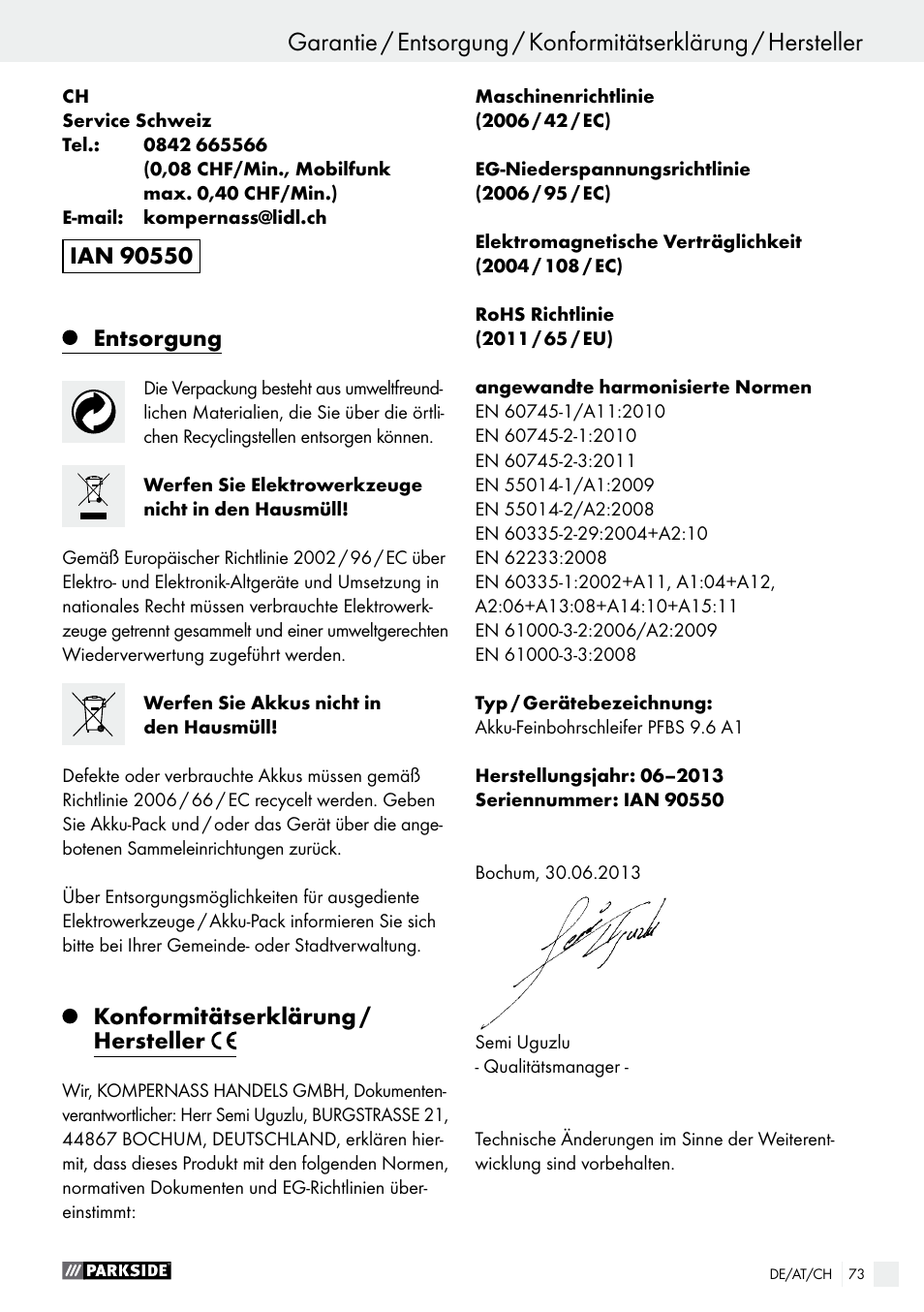 Entsorgung, Konformitätserklärung / hersteller | Parkside PFBS 9.6 A1 User Manual | Page 73 / 74