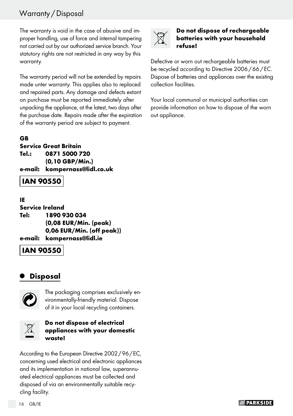 Warranty / disposal, Declaration of conformity / manufacturer, Disposal | Parkside PFBS 9.6 A1 User Manual | Page 16 / 96