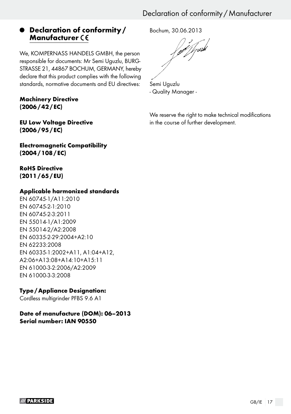 Declaration of conformity / manufacturer | Parkside PFBS 9.6 A1 User Manual | Page 17 / 96