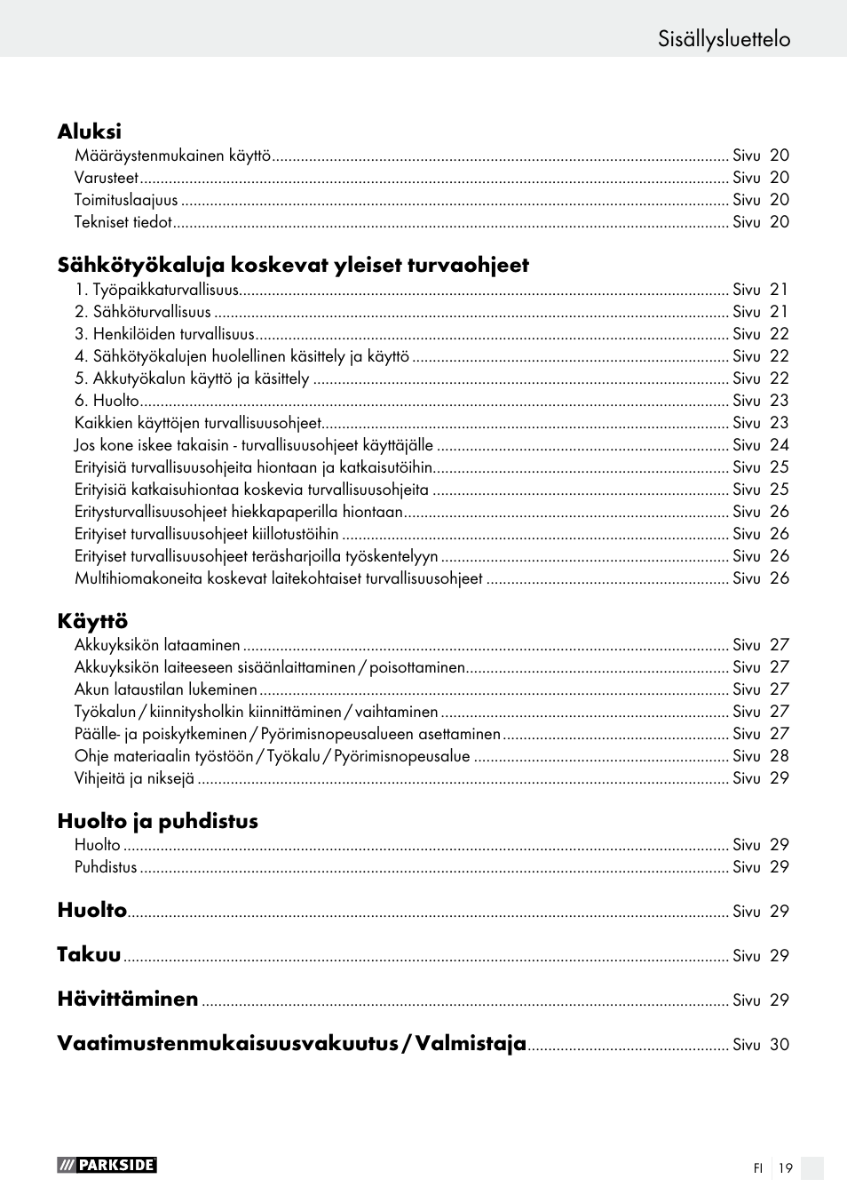 Sisällysluettelo | Parkside PFBS 9.6 A1 User Manual | Page 19 / 96