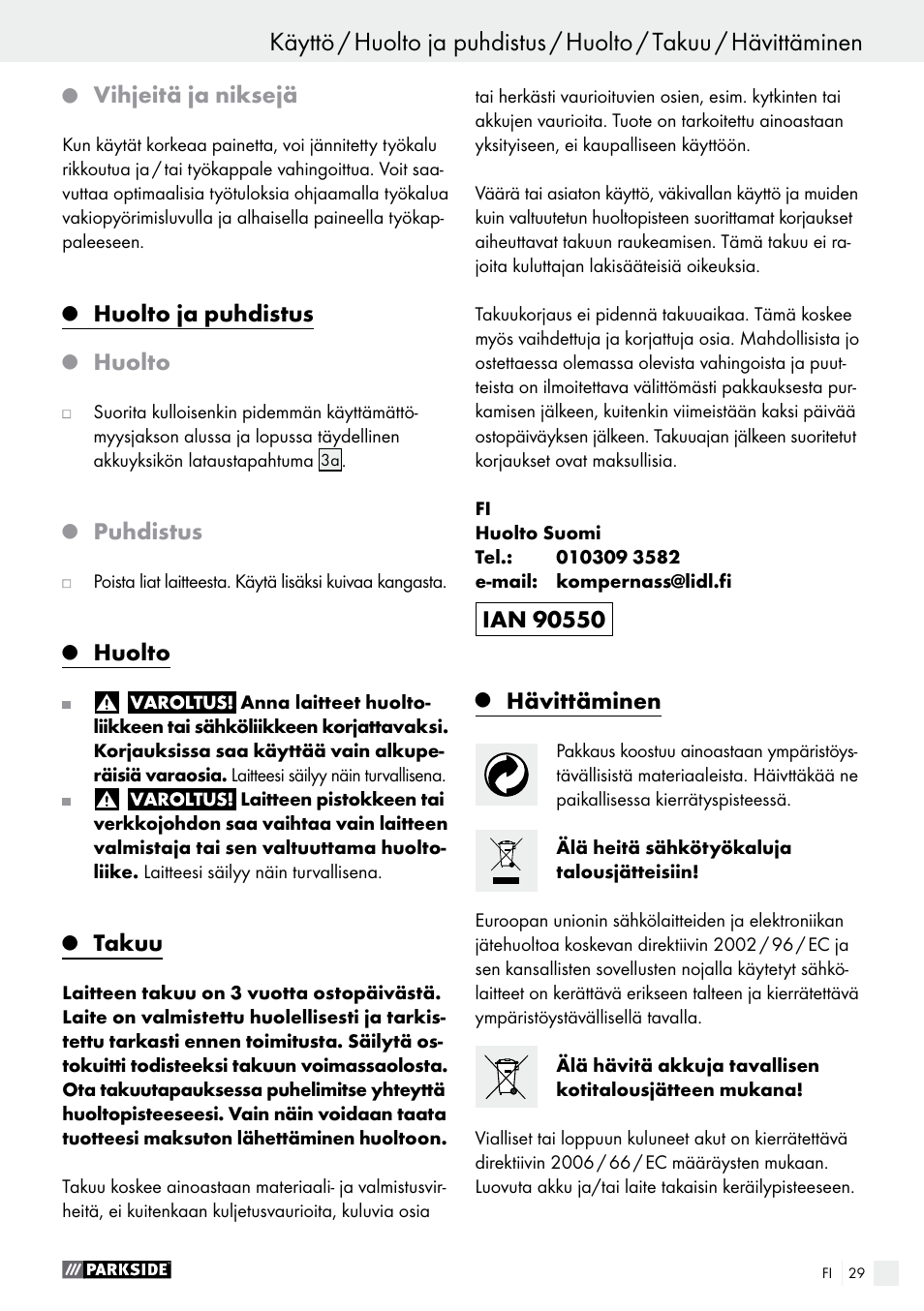 Käyttö, Vihjeitä ja niksejä, Huolto ja puhdistus | Huolto, Puhdistus, Takuu, Hävittäminen | Parkside PFBS 9.6 A1 User Manual | Page 29 / 96