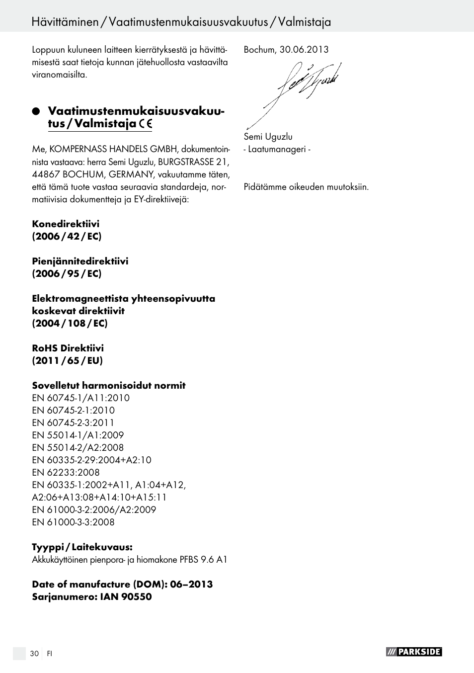 Innehållsförteckning, Vaatimustenmukaisuusvakuu- tus / valmistaja | Parkside PFBS 9.6 A1 User Manual | Page 30 / 96