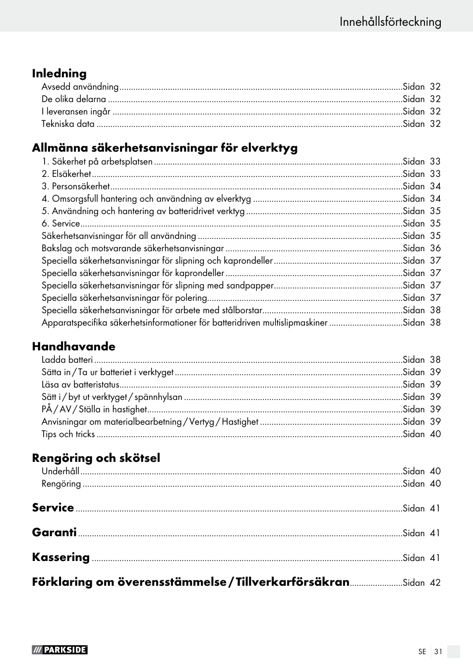 Innehållsförteckning | Parkside PFBS 9.6 A1 User Manual | Page 31 / 96