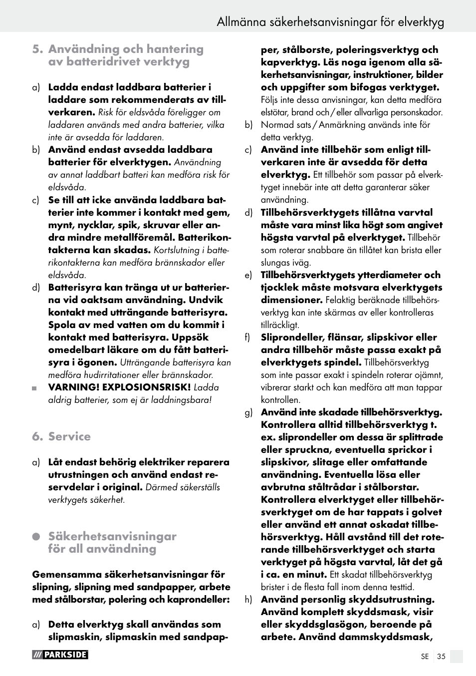 Allmänna säkerhetsanvisningar för elverktyg | Parkside PFBS 9.6 A1 User Manual | Page 35 / 96