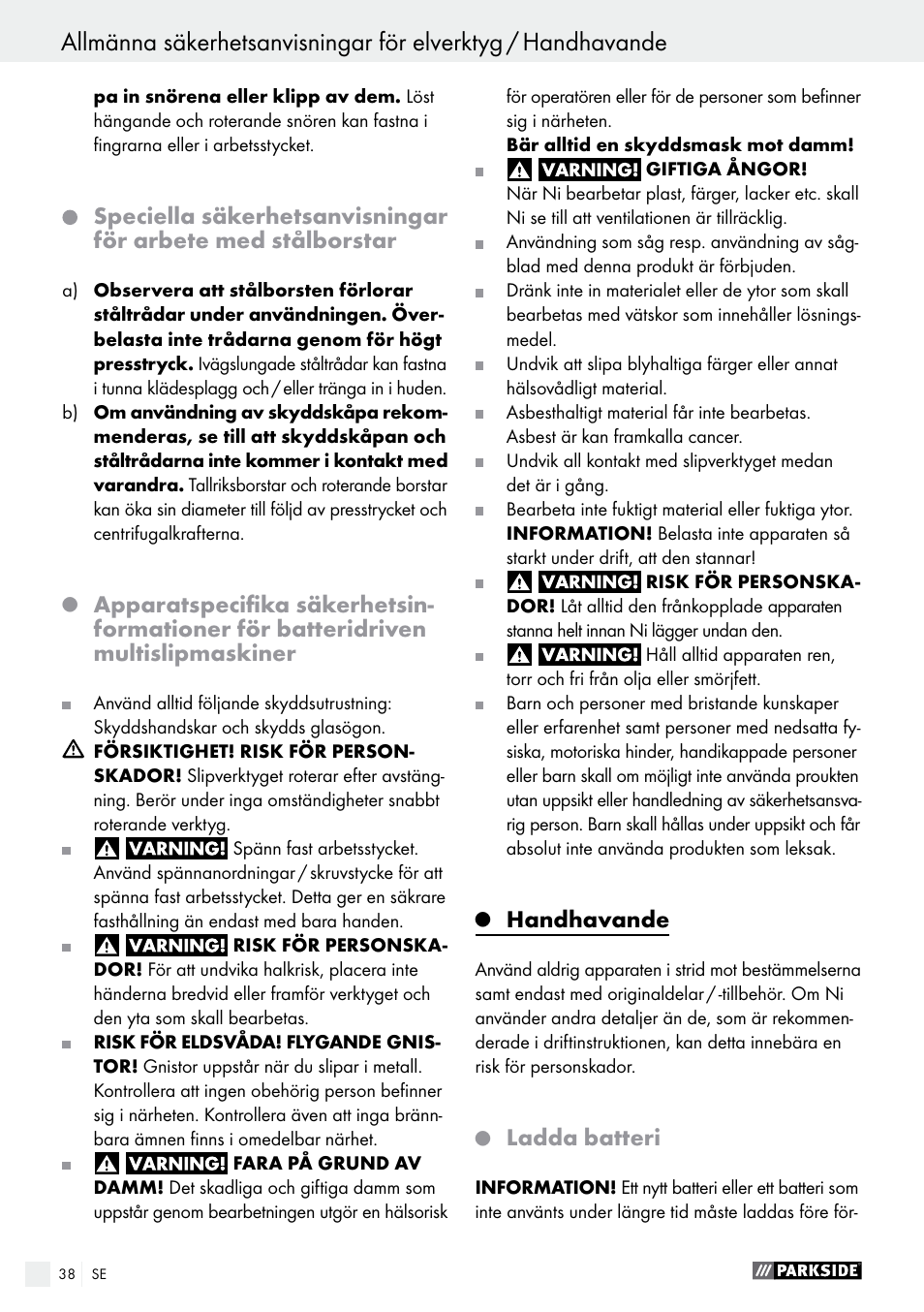 Handhavande, Ladda batteri | Parkside PFBS 9.6 A1 User Manual | Page 38 / 96