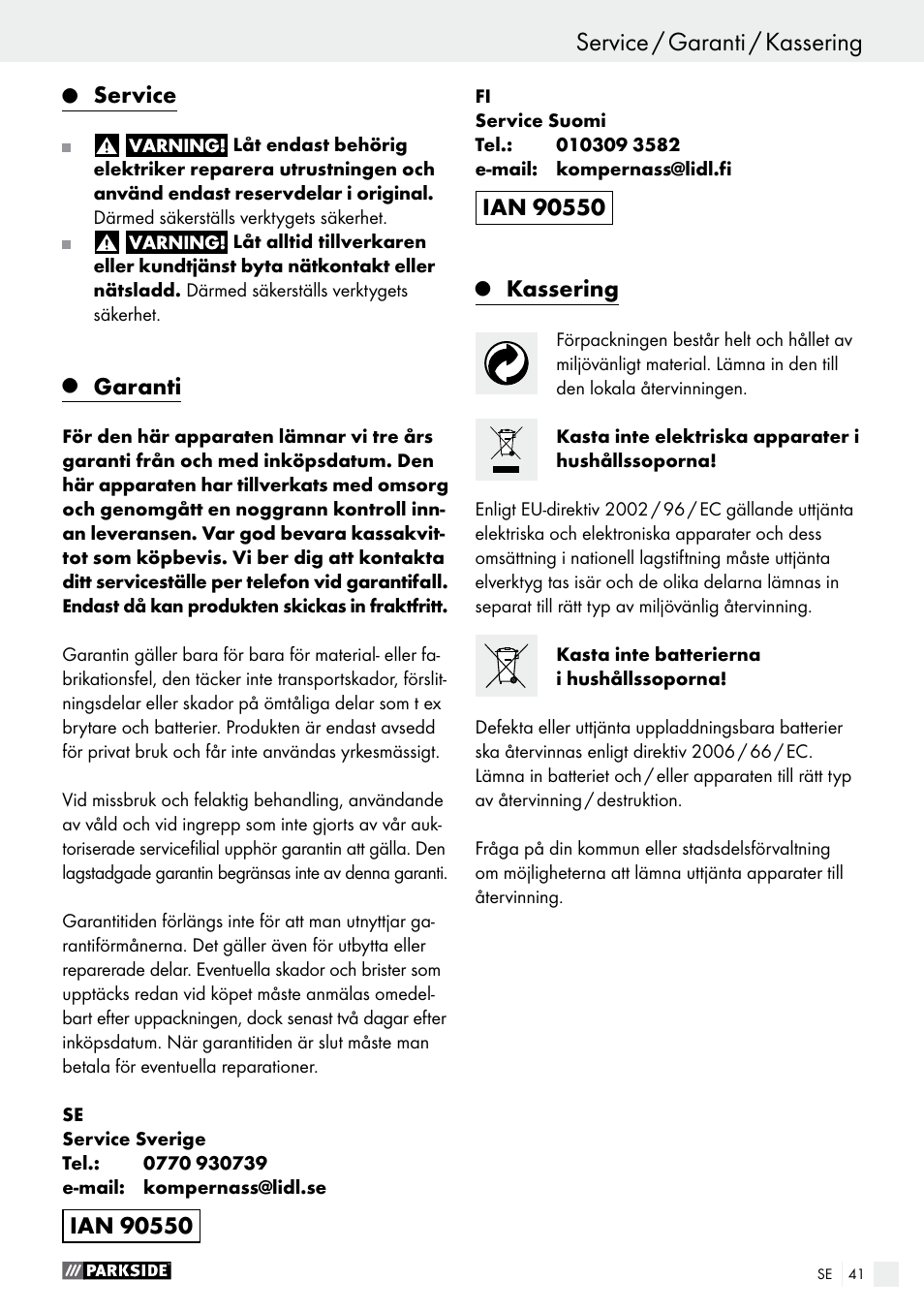 Service / garanti / kassering, Handhavande / rengöring och skötsel, Service | Garanti, Kassering | Parkside PFBS 9.6 A1 User Manual | Page 41 / 96
