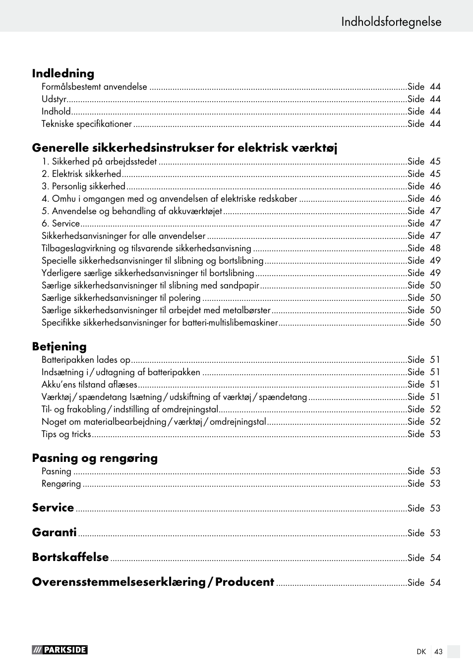 Indholdsfortegnelse | Parkside PFBS 9.6 A1 User Manual | Page 43 / 96