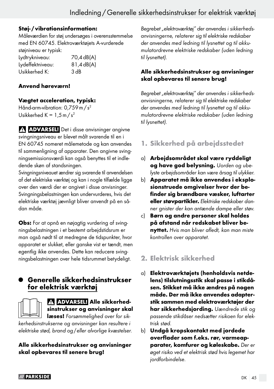 Sikkerhed på arbejdsstedet, Elektrisk sikkerhed | Parkside PFBS 9.6 A1 User Manual | Page 45 / 96
