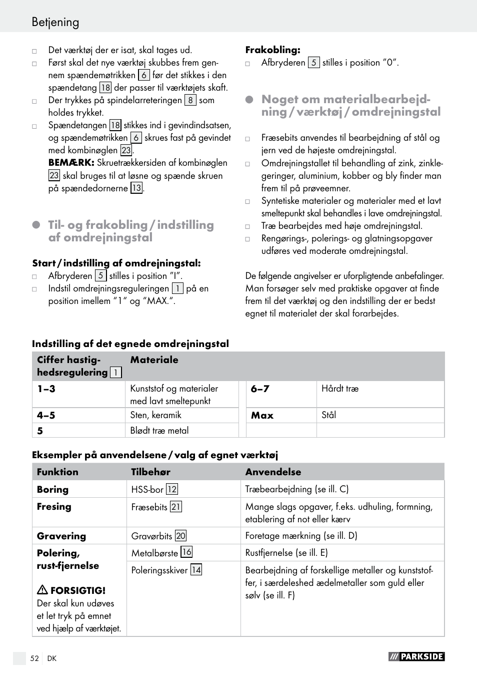 Betjening, Til- og frakobling / indstilling af omdrejningstal | Parkside PFBS 9.6 A1 User Manual | Page 52 / 96