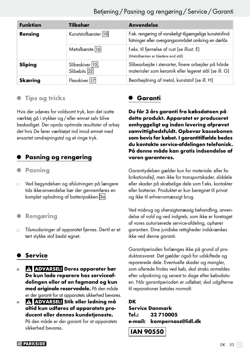 Betjening, Tips og tricks, Pasning og rengøring | Pasning, Rengøring, Service, Garanti | Parkside PFBS 9.6 A1 User Manual | Page 53 / 96