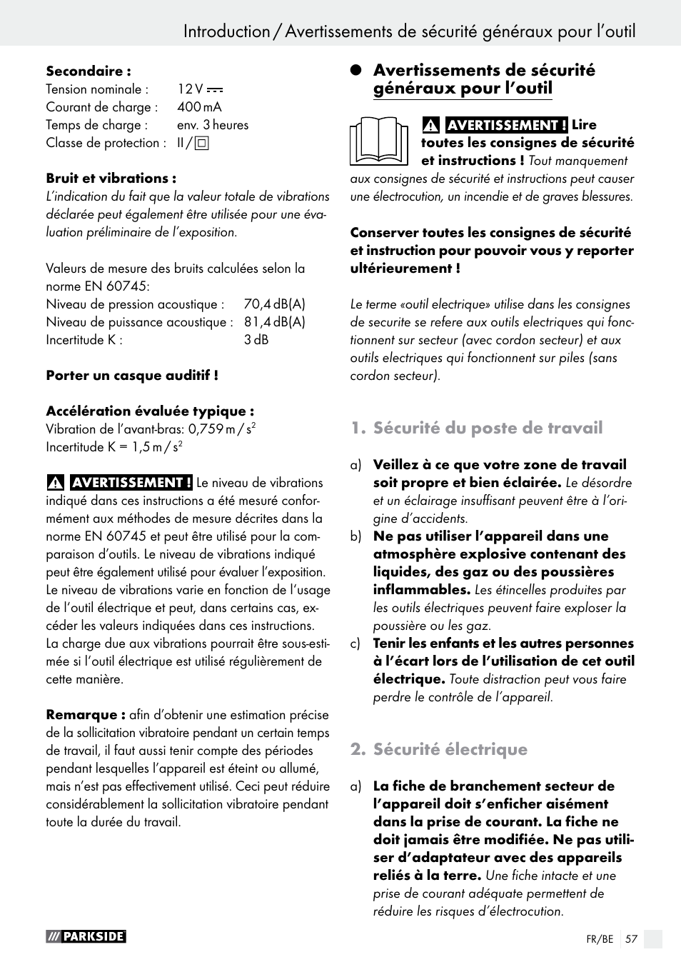 Avertissements de sécurité généraux pour l’outil, Sécurité du poste de travail, Sécurité électrique | Parkside PFBS 9.6 A1 User Manual | Page 57 / 96