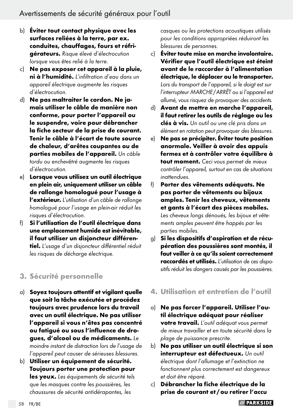 Avertissements de sécurité généraux pour l’outil, Sécurité personnelle, Utilisation et entretien de l’outil | Parkside PFBS 9.6 A1 User Manual | Page 58 / 96
