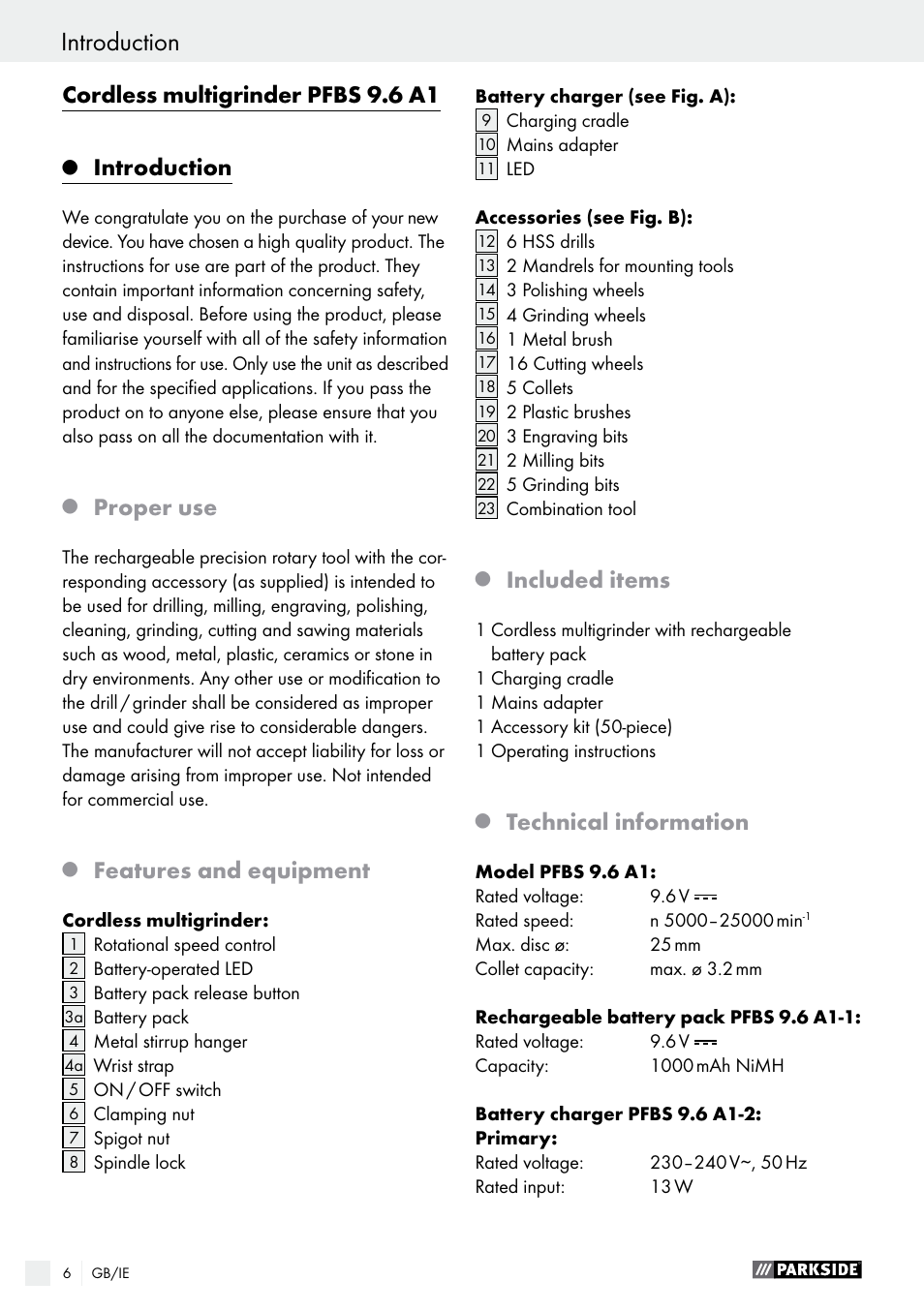 Cordless multigrinder pfbs 9.6 a1, Introduction, Proper use | Features and equipment, Included items, Technical information | Parkside PFBS 9.6 A1 User Manual | Page 6 / 96