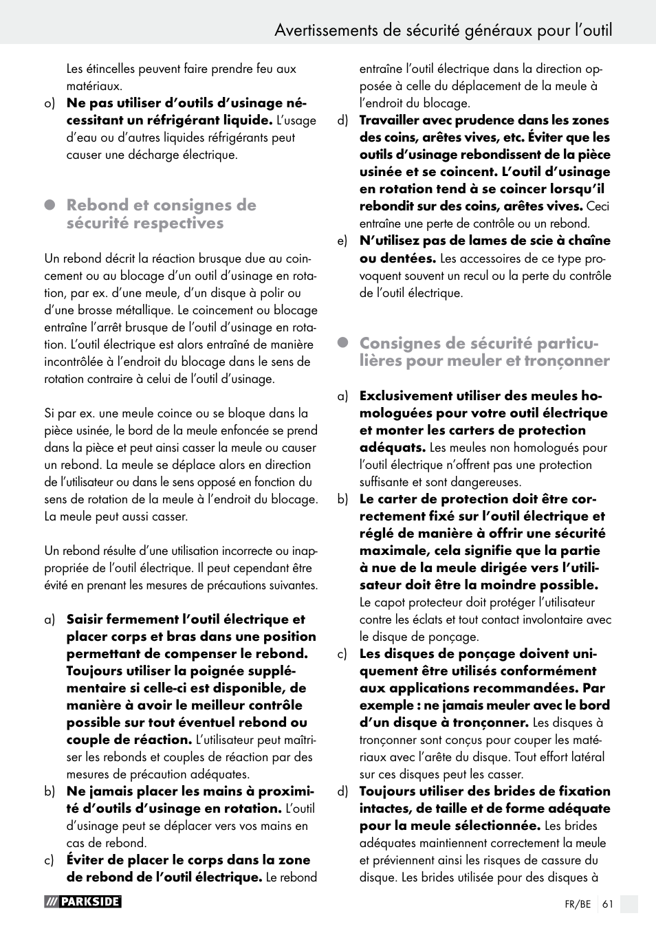 Avertissements de sécurité généraux pour l’outil, Rebond et consignes de sécurité respectives | Parkside PFBS 9.6 A1 User Manual | Page 61 / 96