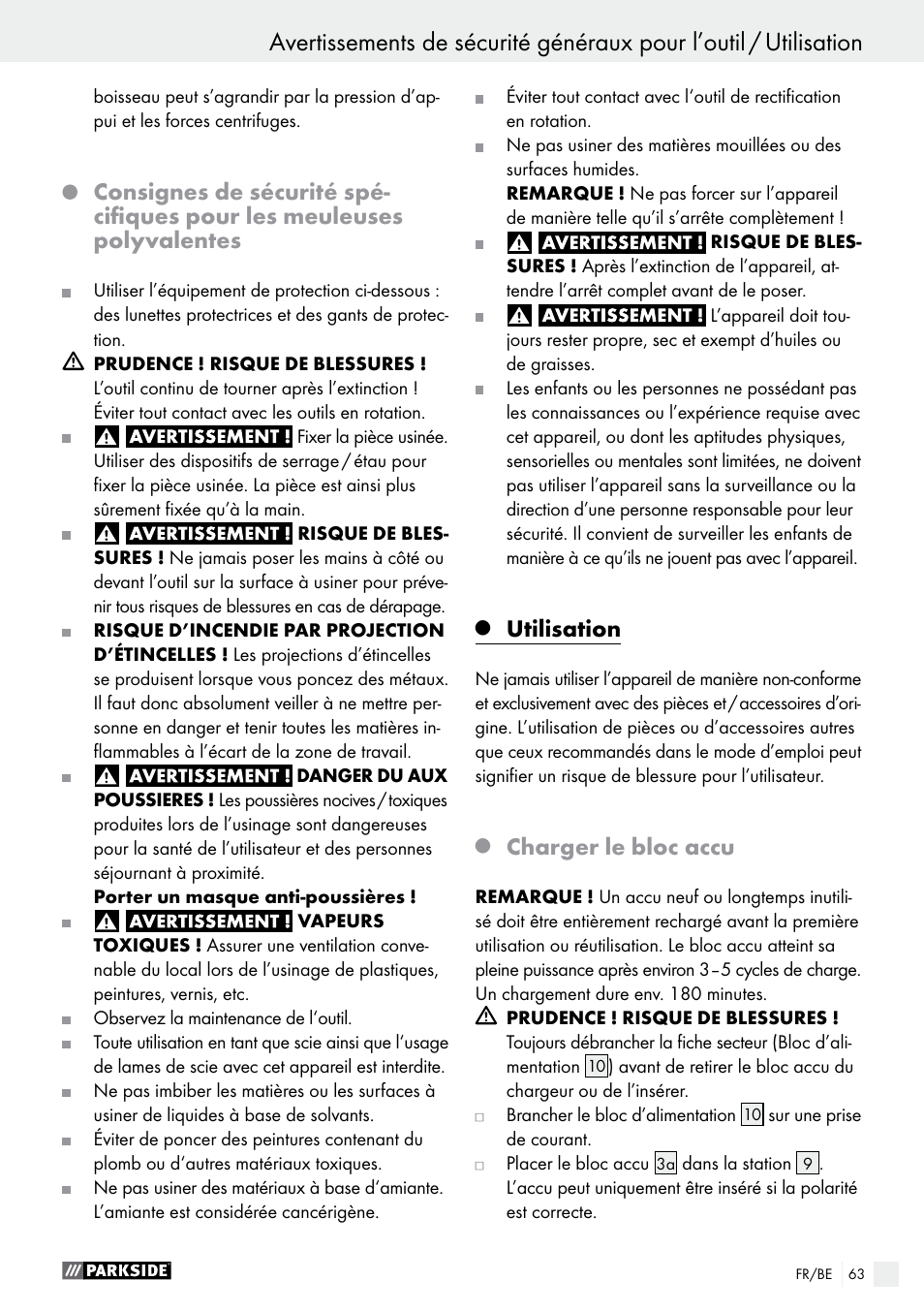 Utilisation, Charger le bloc accu | Parkside PFBS 9.6 A1 User Manual | Page 63 / 96