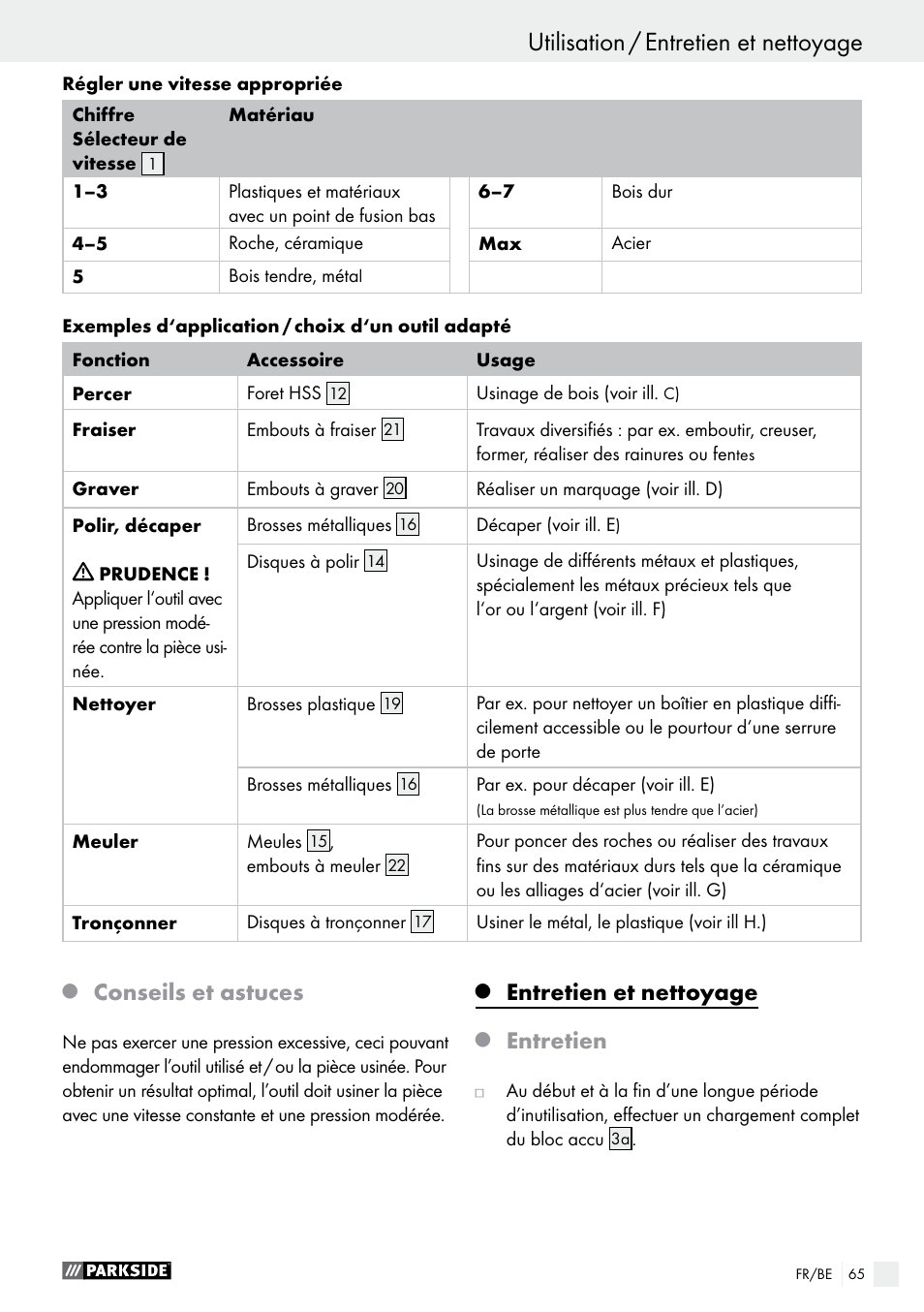 Utilisation / entretien et nettoyage, Utilisation, Conseils et astuces | Entretien et nettoyage, Entretien | Parkside PFBS 9.6 A1 User Manual | Page 65 / 96
