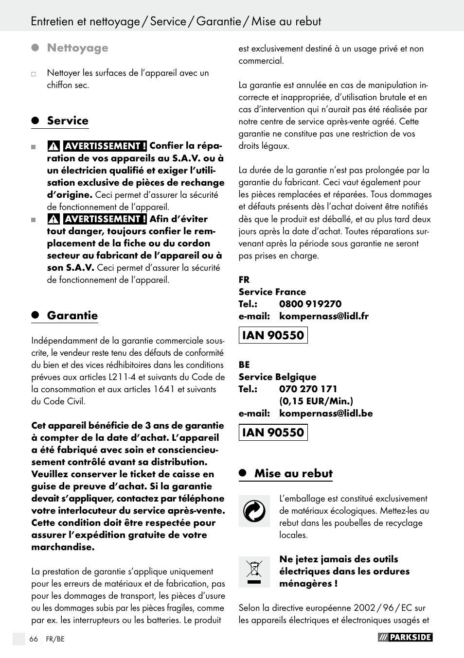 Nettoyage, Service, Garantie | Mise au rebut | Parkside PFBS 9.6 A1 User Manual | Page 66 / 96