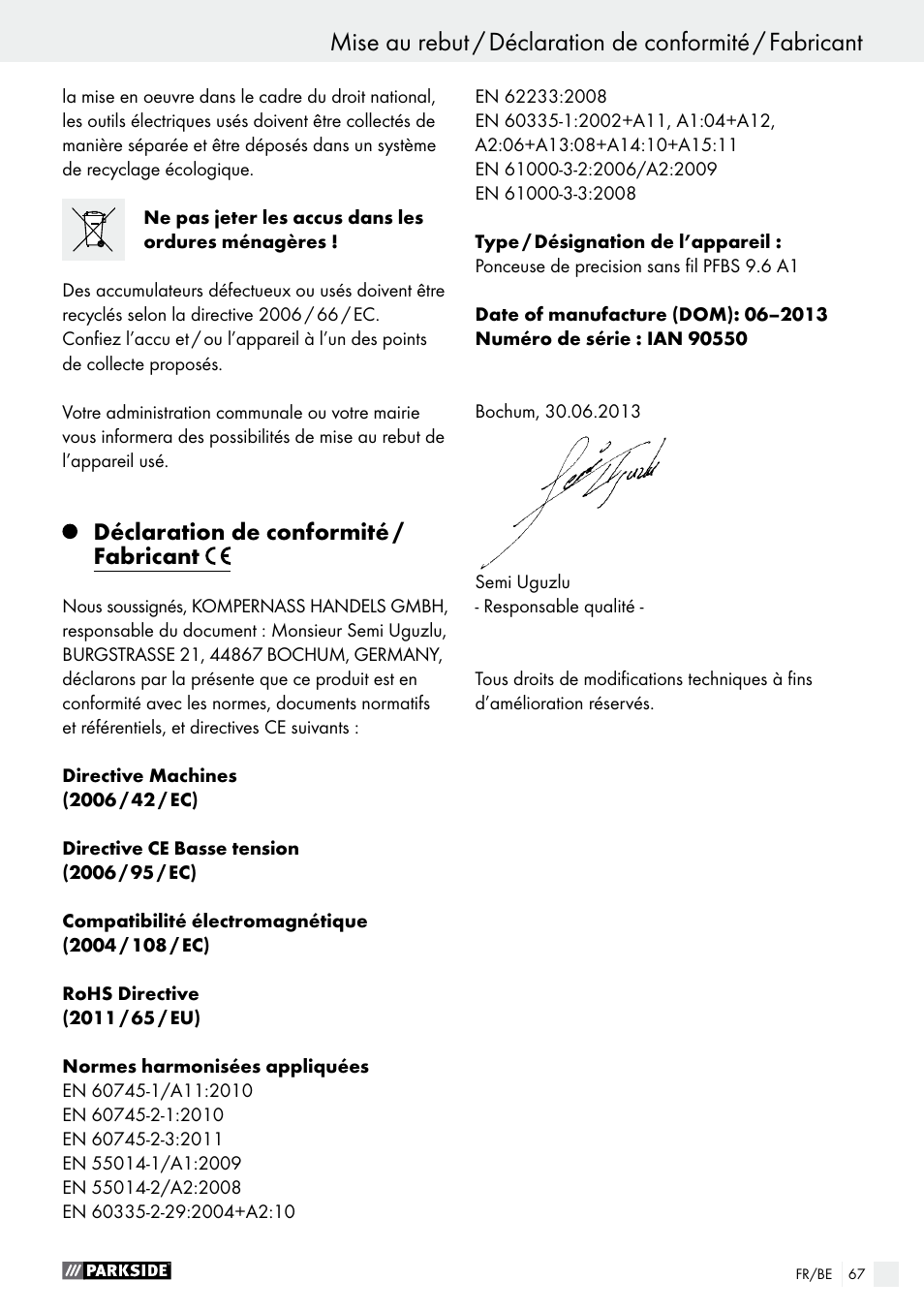 Déclaration de conformité / fabricant | Parkside PFBS 9.6 A1 User Manual | Page 67 / 96