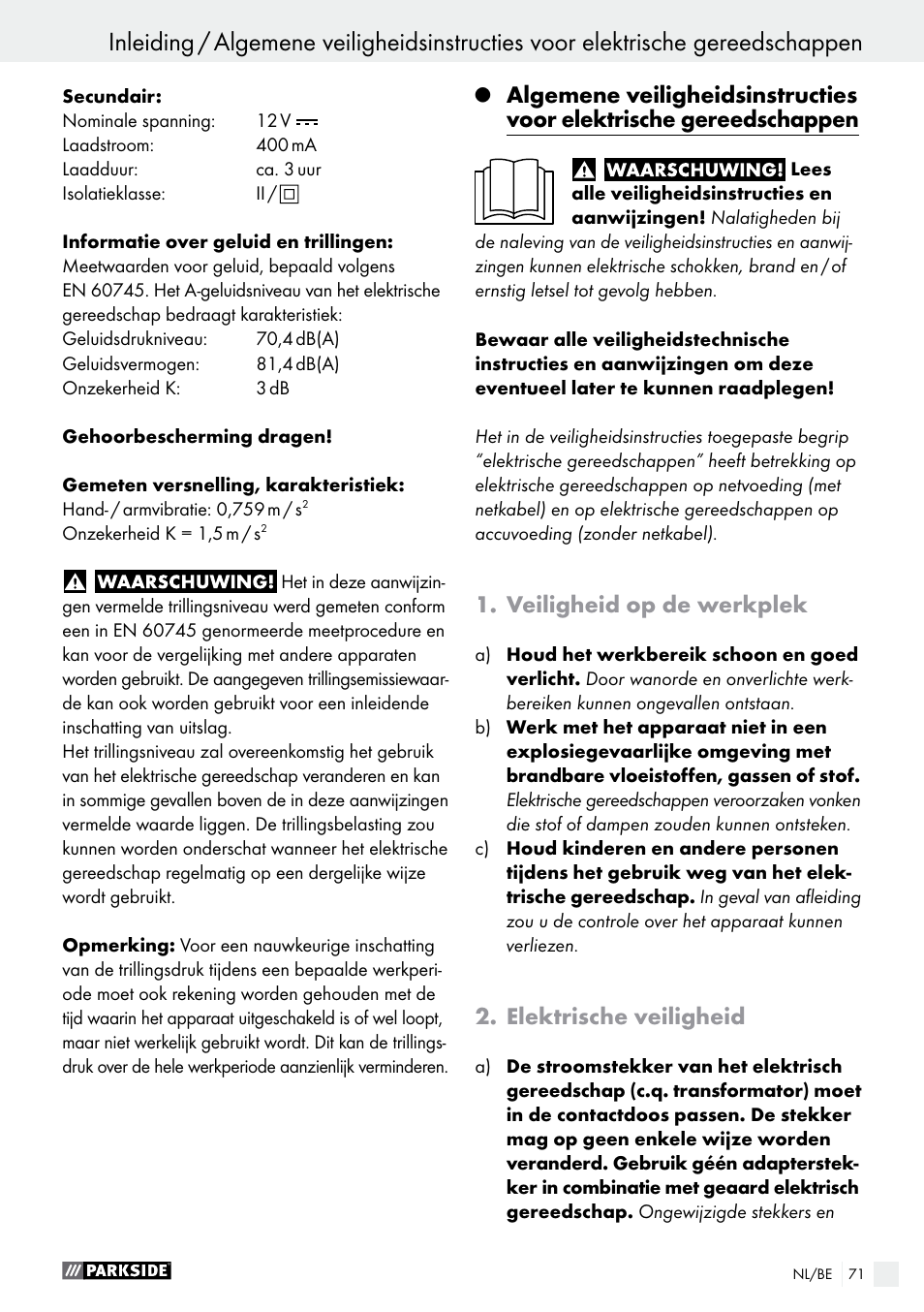 Veiligheid op de werkplek, Elektrische veiligheid | Parkside PFBS 9.6 A1 User Manual | Page 71 / 96