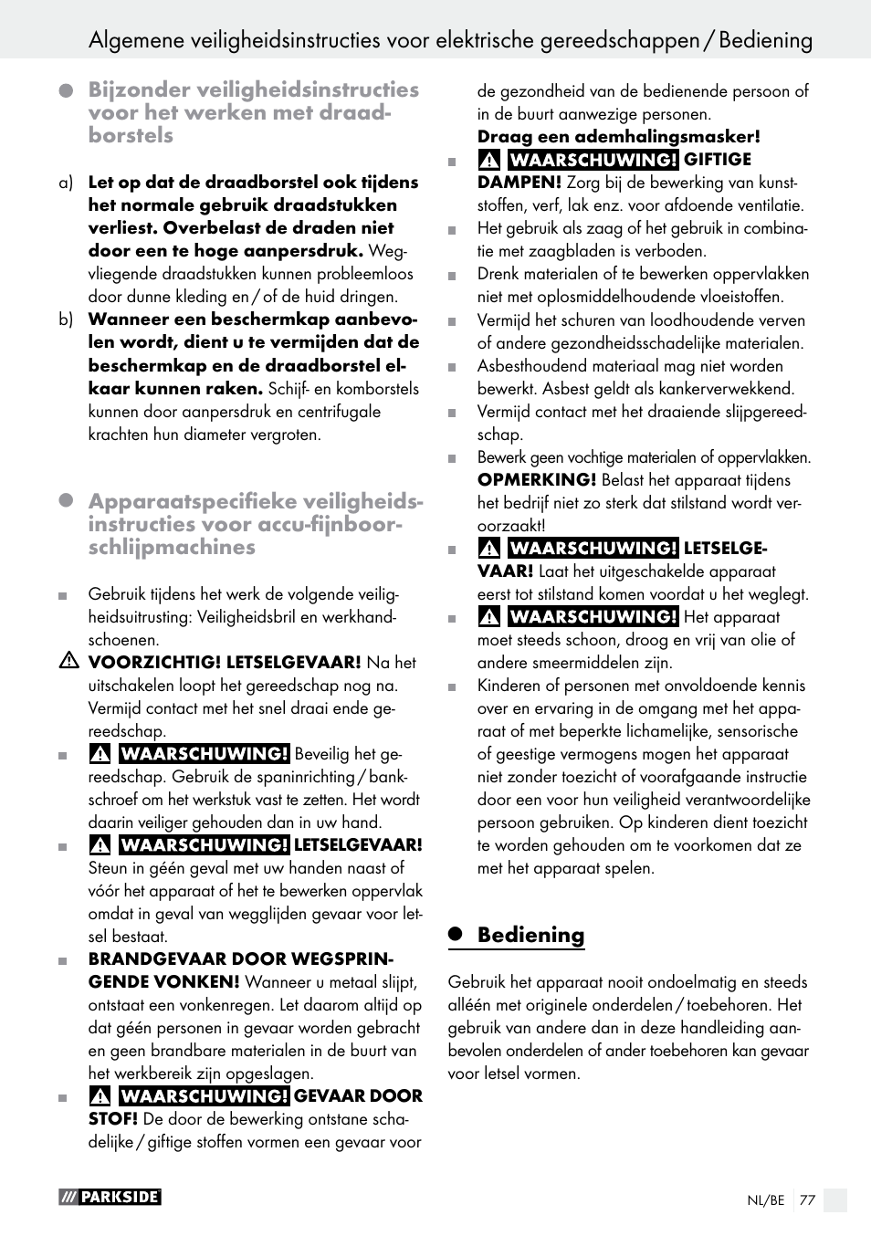 Bediening | Parkside PFBS 9.6 A1 User Manual | Page 77 / 96