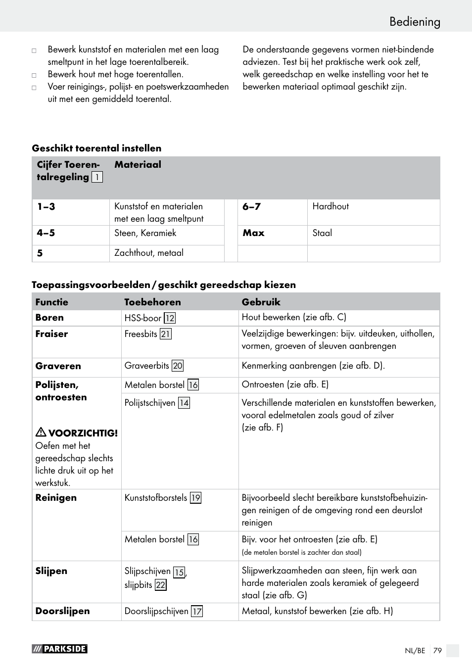 Bediening | Parkside PFBS 9.6 A1 User Manual | Page 79 / 96