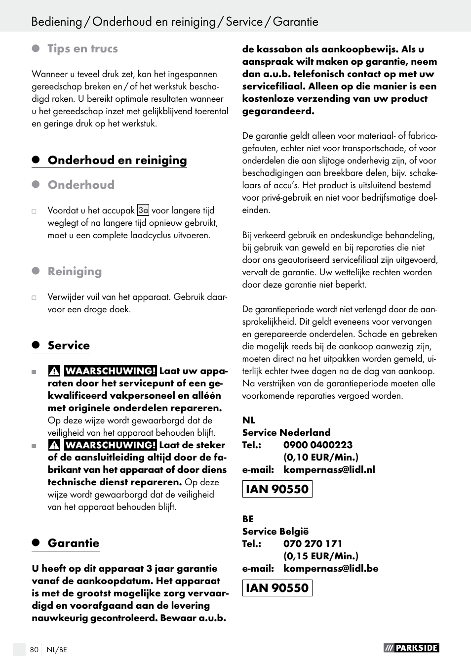 Tips en trucs, Onderhoud en reiniging, Onderhoud | Reiniging, Service, Garantie | Parkside PFBS 9.6 A1 User Manual | Page 80 / 96