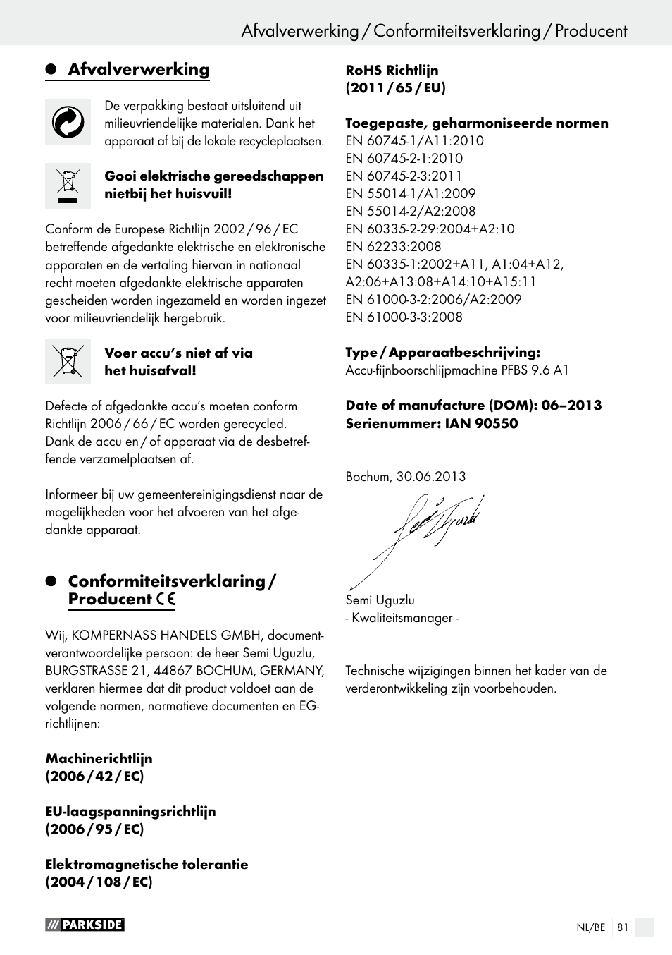 Afvalverwerking, Conformiteitsverklaring / producent | Parkside PFBS 9.6 A1 User Manual | Page 81 / 96