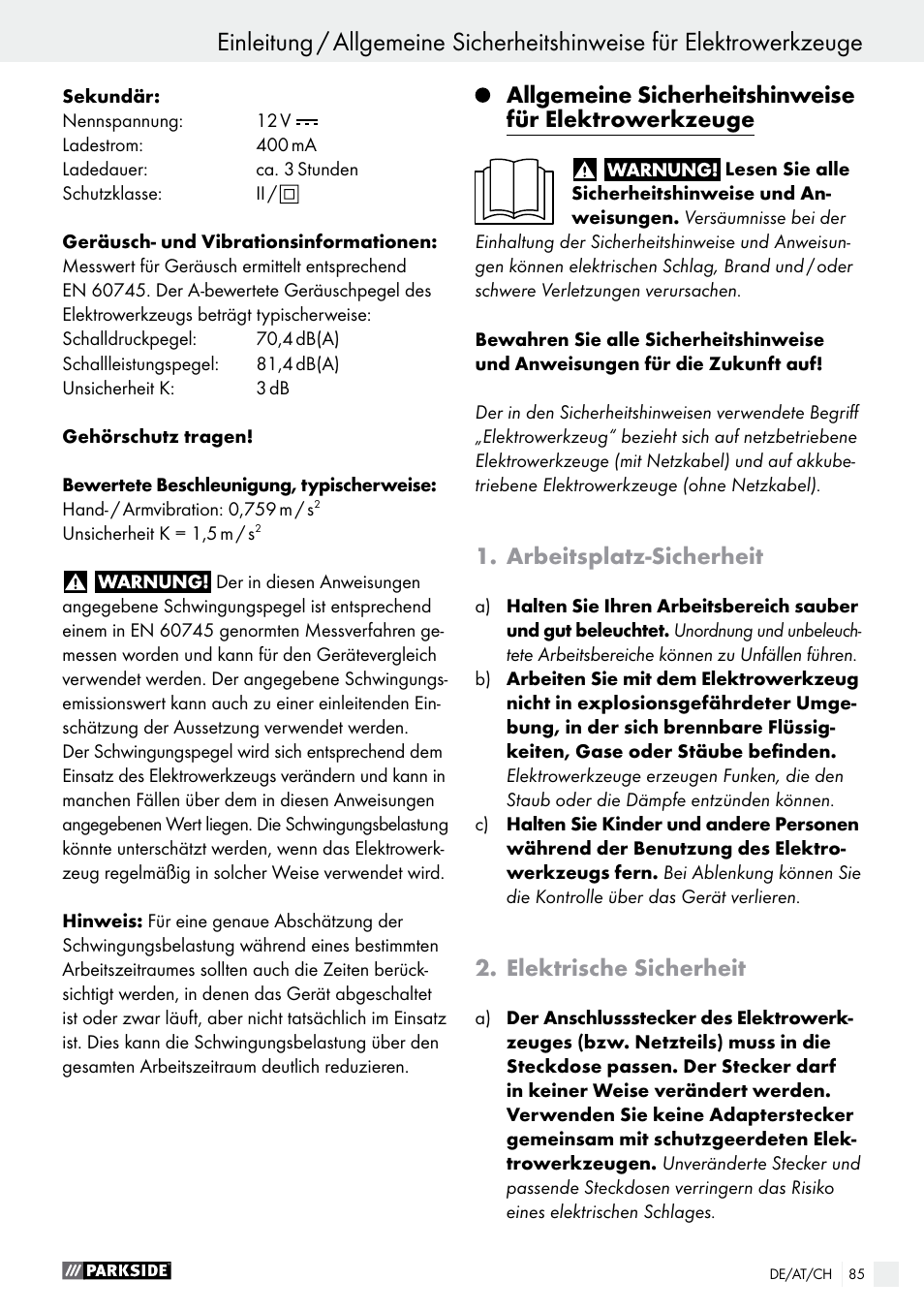 Einleitung, Arbeitsplatz-sicherheit, Elektrische sicherheit | Parkside PFBS 9.6 A1 User Manual | Page 85 / 96