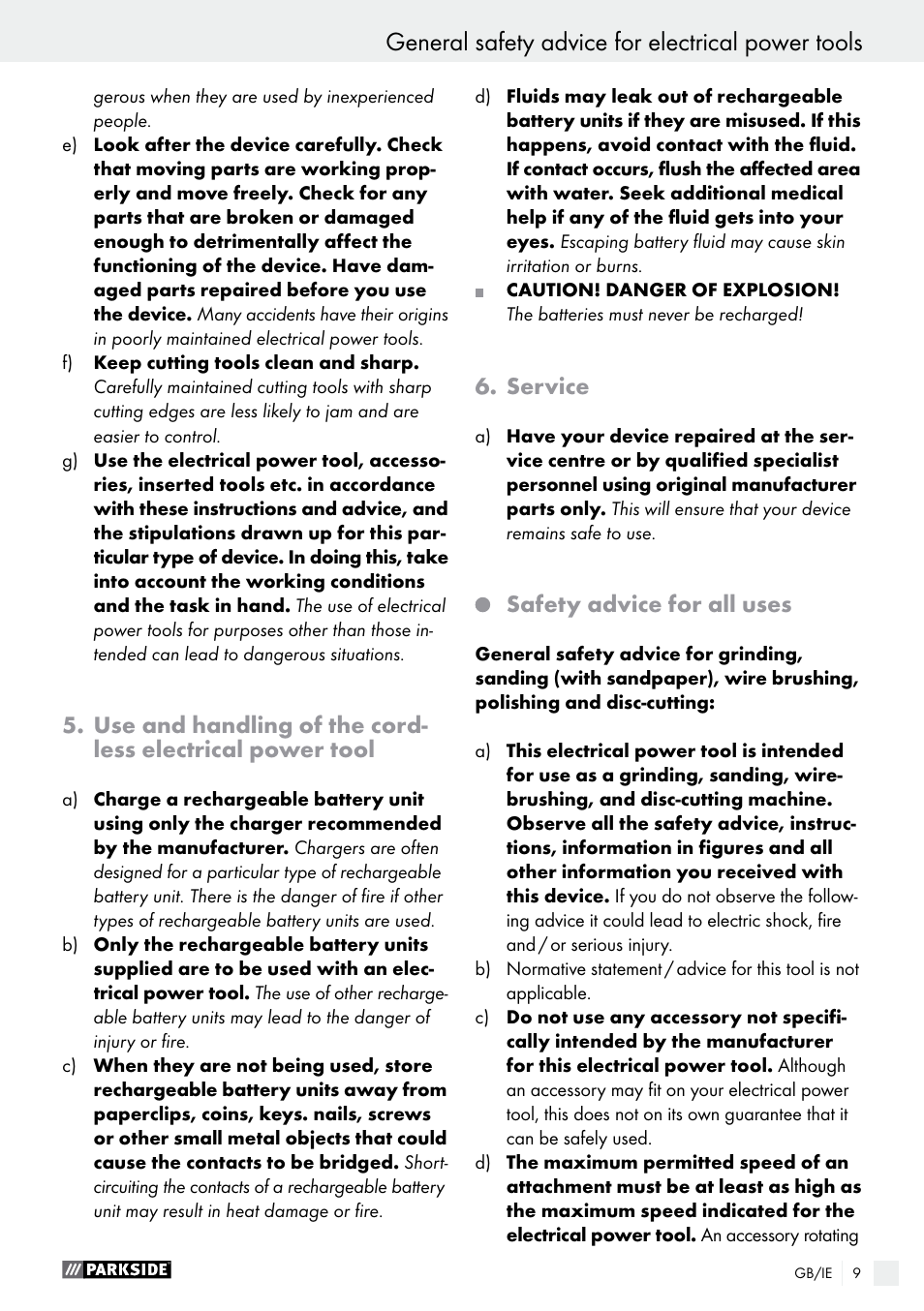 General safety advice for electrical power tools, Service, Safety advice for all uses | Parkside PFBS 9.6 A1 User Manual | Page 9 / 96