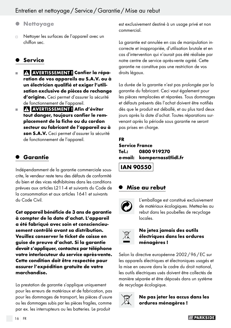 Nettoyage, Service, Garantie | Mise au rebut | Parkside PFBS 9.6 A1 User Manual | Page 16 / 46