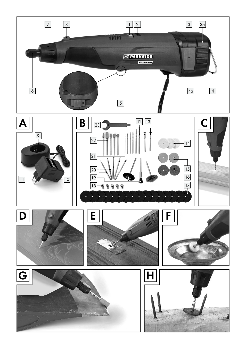 De f g h | Parkside PFBS 9.6 A1 User Manual | Page 3 / 46