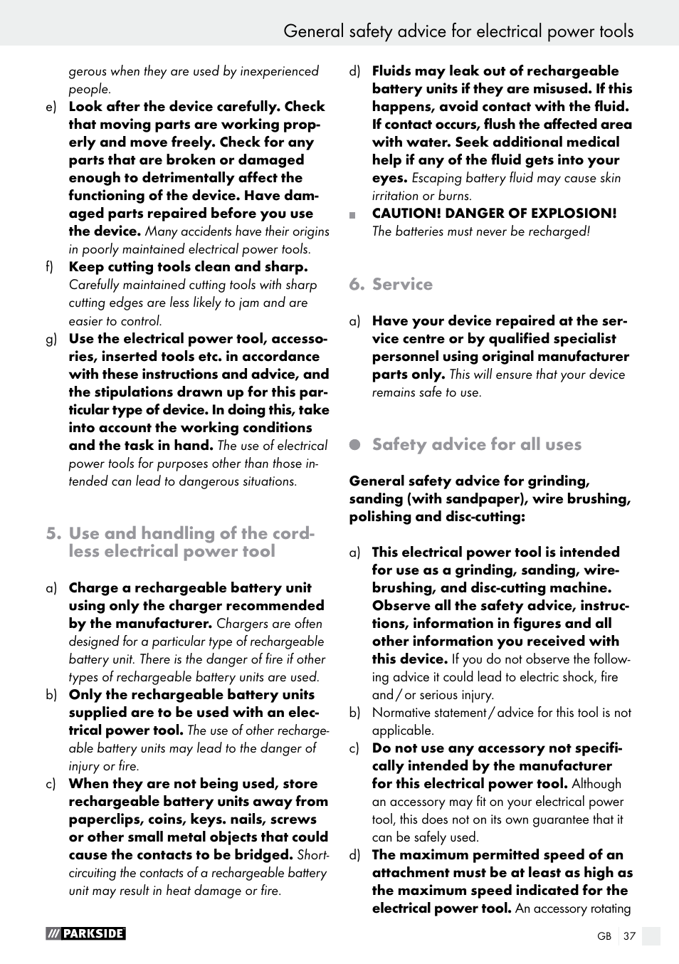 General safety advice for electrical power tools, Service, Safety advice for all uses | Parkside PFBS 9.6 A1 User Manual | Page 37 / 46