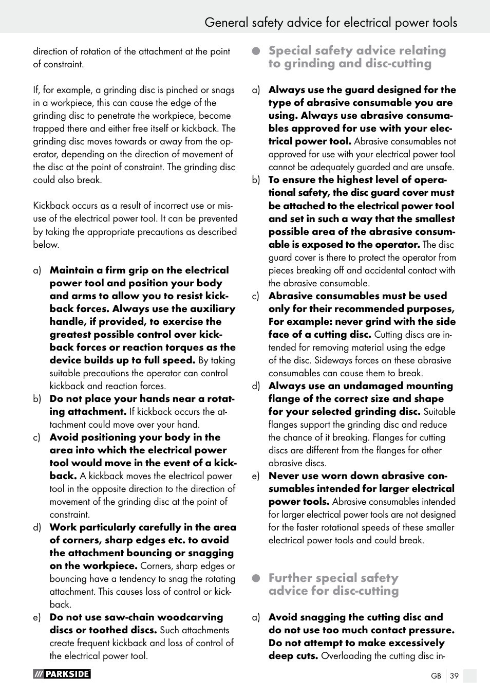 General safety advice for electrical power tools | Parkside PFBS 9.6 A1 User Manual | Page 39 / 46