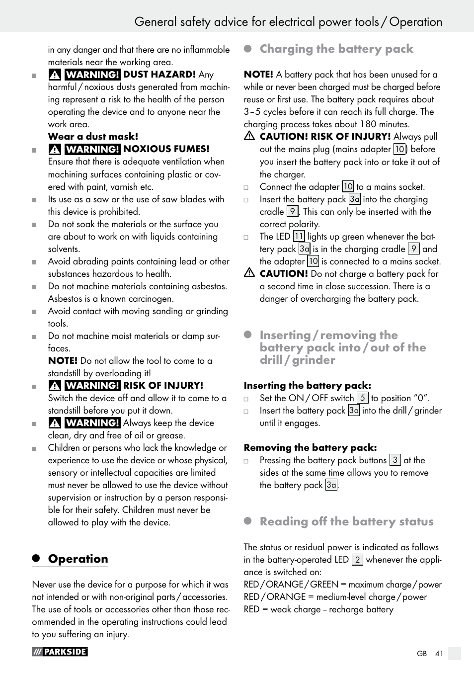 Operation, Charging the battery pack, Reading off the battery status | Parkside PFBS 9.6 A1 User Manual | Page 41 / 46