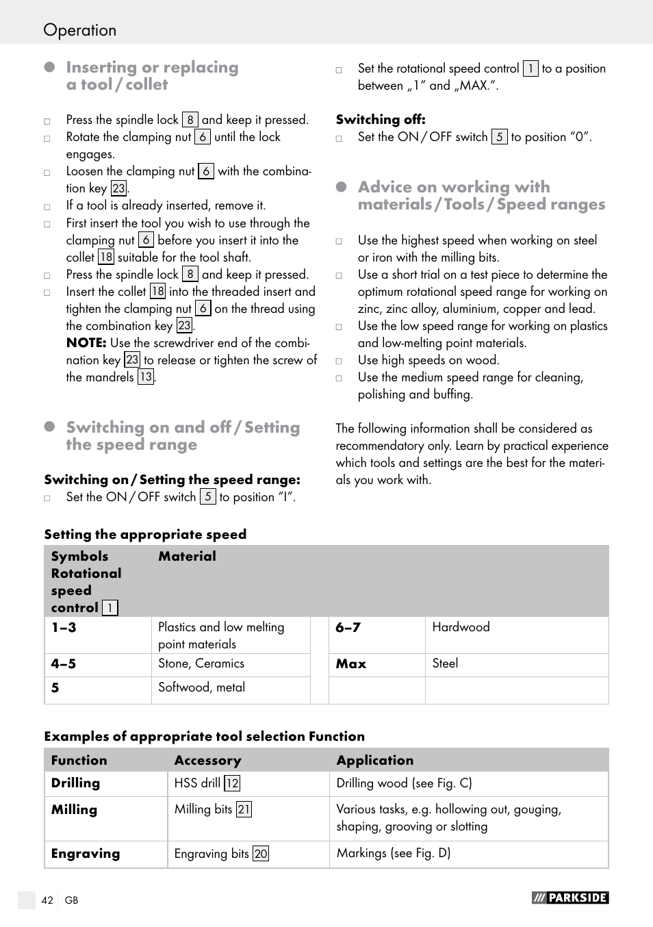 Inserting or replacing a tool / collet, Switching on and off / setting the speed range | Parkside PFBS 9.6 A1 User Manual | Page 42 / 46