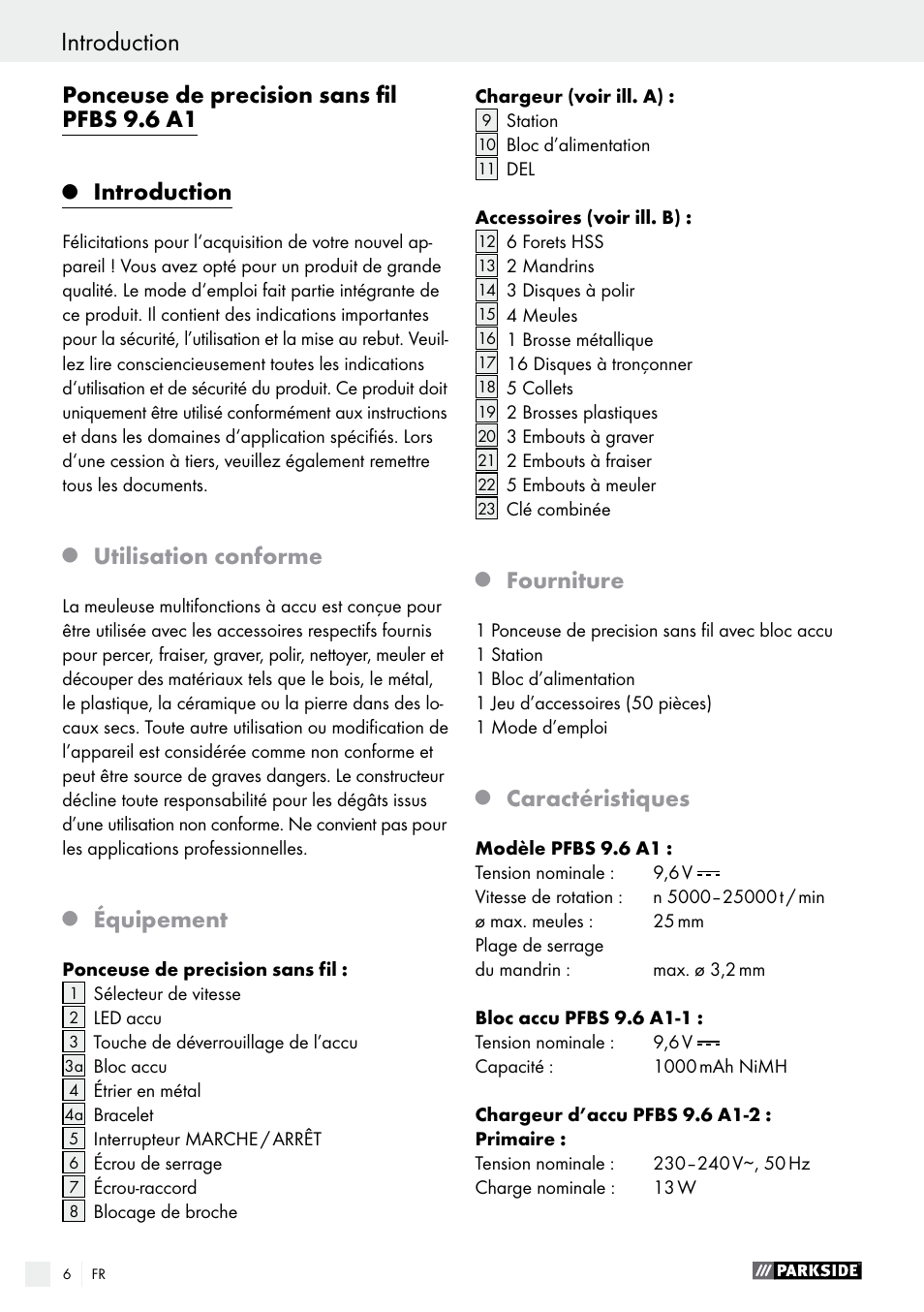 Ponceuse de precision sans fil pfbs 9.6 a1, Introduction, Utilisation conforme | Équipement, Fourniture, Caractéristiques | Parkside PFBS 9.6 A1 User Manual | Page 6 / 46