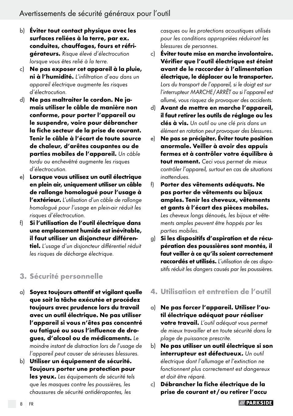 Avertissements de sécurité généraux pour l’outil, Sécurité personnelle, Utilisation et entretien de l’outil | Parkside PFBS 9.6 A1 User Manual | Page 8 / 46